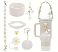 7 Piece Silicone Accessories for 40OZ and 30OZ For Water Cups with Fun Flower Pendant (white)
