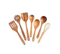 7-Piece Teak Wood Kitchen Utensil Set - Natural Cooking Tools with Spatula, Ladle, Rice Paddle, Strainer & Whisk, Heat-Resistant & Non-Scratch for All Cookware, Essential Home Chef Collection