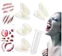 7 Piece Vampire Teeth Set,4 Sizes Vampire Fangs,Fake Fangs Vampire Teeth Adult with 1 Tube Teeth Pellets Adhesive,for Cosplay Party Props Halloween Horror Party Fangs. (Beige-A)