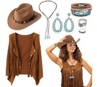 7-Piece Western Cowboy Costume for Women, Cowgirl Outfits Accessory Set with Tassel Vest, Cowboy Hat, Boho Necklace, Earrings, Rings, Bracelets for Carnival, Halloween, Cosplay