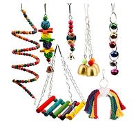 7 Pieces Bird Toy Parrot Swing Chew Toy Ladder Wood Hammock Perch Bells Cotton Rope For Conure Finch Mynah Lovebird Bird Climbing Swing Ladder Perch Bells Cotton Rope Chew For Parrots Parakeets Conure