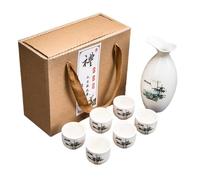 7 Pieces Chinese Style Sake Set, Traditional Japanese Style Ceramic Mug Set with 6 Sake Cups, 1 Sake Pot.High Quality Gift Box, Best Gift for