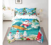 7 Pieces Christmas Comforter Set Full Size, Santa Claus Surfing Theme Bedding Set for Kids Boy Girl Room Decor, Beach Snowman Bed in a Bag with Comforter, Fitted Sheet, Top Sheet and Pillowcases