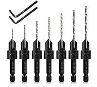 7 Pieces Countersink Drill Bit Set Wood Drill Countersink 3 in 1 Three 82 Degree Chamfer Cutters M2 Countersunk Bore Cutting Depth Adjustable with 2 Allen Keys and 1/4 Inch Hex Shank