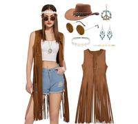7 Pieces Hippie Costume Women's Set Cowgirl Costume Hippie Tassel Vest 70s Outfit Cowboy Hat Halloween Theme Party Carnival Fancy Dress Costumes (Brown, L)