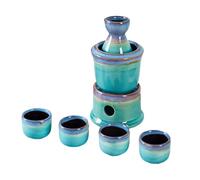 7 Pieces Japanese Sake Set Ceramic High Temperature Glaze Heated Wine Warmer for Home, Glaze Color is Unique and Texture is Deep Blue