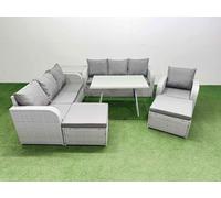 Fimous 7 Pieces Outdoor PE Rattan Garden Furniture with Cushions Reclining Chair Side Table 2 Big Stools Light Grey