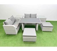 Fimous 7 Pieces Outdoor PE Rattan Sofa Set Patio Garden Furniture Sets with Cushions 2 Side Tables 2 Big Stools Light Grey