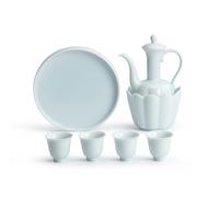 7 Pieces Petal Shaped Ceramic Sake Cup Set, Retro Chinese Traditional Sake Cup Set, Best Gift for Family and Friends, with Warming Pot and Cyan Tray