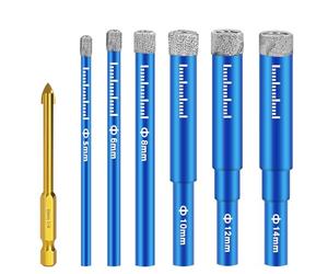 7 Pieces Tile Drill Bits,Dry Diamond Bits Set-5/6/8/10/12/14 mm with 6 mm Metal Drill Bits,for Granite, Ceramic, Marble Tile Stone, Glass Hard Materials