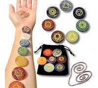 7 Polished Round Engraved Stones, Natural Crystal Chakra Stones, Concentration, Spiritual Growth, Stress Relief with Engraved Symbols for Meditation (Energy Stone and Ring)