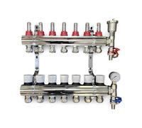 7 Port Complete Underfloor Heating Manifold with Pipe Connections, Automatic Air Vent & Pressure Gauge (Copper 15mm eurocones)