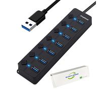 7-Port USB 3.0 Hub with Individual Power Switches and Lights, High-Speed Data Splitter Portable USB Extension Hub for PC Laptop and More