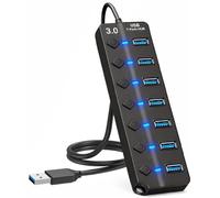 7-Port USB Hub 3.0 - Multi USB Port Hub with Individual Switches and Lights - USB Multiport Adapter Splitter - High-Speed USB Hub Extender for PC, Laptop, Macbook, Flash Drives, Mobile HDD