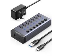 7-Port USB Hub (USB-A 3.0, 4 Charging Ports) with 12V/2A Power Supply, Gray