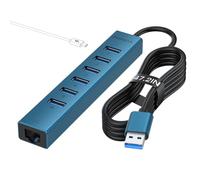 7 Ports USB 3.0 Hub, USB to Network HUB with 3.9ft Long Cable for Laptop, USB Splitter with Gigabit Ethernet Port and 5V/3A Power Port, MultiPort Aluminum Expander for Laptop, iMac, PC, Flash Drives
