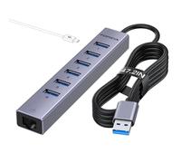 7 Ports USB3.0 Hub, USB Ethernet HUB with 3.9ft Long Cable for Laptop, USB Splitter with Gigabit Ethernet Port and 5V/3A Power Port, MultiPort Aluminum Expander for Laptop, iMac, PC, Flash Drives