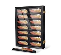 7 Row Knife Display Case for Wall Wooden Folding Knife Storage Stand with HD Tempered Glass & Removable Shelves Military Knife Organizer for Collections - Black