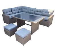 7 Seater Aluminium Rattan Corner Sofa Set with Dining Table and Footstools - Garden Lounge Set with Thick Cushions - Outdoor Patio Dining Furniture