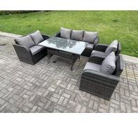 Fimous 7 Seater Dark Grey PE Wicker Rattan Garden Furniture Set Reclining Chair Love Seat 3 Seater Sofa Set Outdoor Rectangular Dining Table