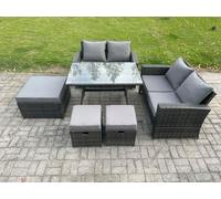 7 Seater Garden Dining Set Wicker PE Rattan Outdoor Furniture Sofa with Rectangular Dining Table Double Seat Sofa 3 Footstools Fimous Dark Grey One Size