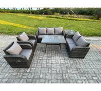 7 Seater High Back PE Rattan Sofa Set Outdoor Garden Furniture Dining Table Set With Reclining Chair 3 Seater Sofa Fimous Dark Grey One Size