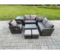 7 Seater High Back Rattan Garden Furniture Set with Loveseat Sofa Coffee Table 2 Small Footstools 2 Side Tables Indoor Outdoor Lounge Sofa Set Fimous Dark Grey One Size