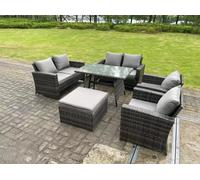 Fimous 7 Seater Outdoor Dark Grey Mixed High Back Rattan Sofa Dining Table Set Garden Furniture Love Sofa Arm Chair