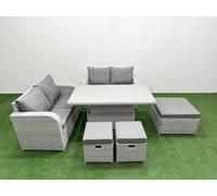 Fimous 7 Seater Outdoor Love Sofa Set Rattan Garden Furniture Set with Adjustable Lifting Dining or Coffee Table 3 Footstool Light Grey
