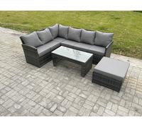Fimous 7 Seater Outdoor Rattan Garden Furniture Set Corner Sofa Oblong Coffee Table Sets with Patio Big Footstool Dark Grey Mixed