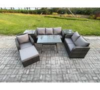 Fimous 7 Seater Outdoor Rattan Garden Furniture Set Patio Lounge Sofa Set with Dining Table 2 Side Tables Big Footstool Dark Grey Mixed