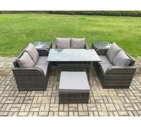 7 Seater Outdoor Rattan Garden Furniture Set with Patio Rectangular Dining Table Love Sofa 2 Side Tables Big Footstool Dark Grey Mixed Fimous Dark Grey One Size