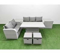 7 Seater PE Rattan Wicker Garden Furniture Patio Conservatory Sofa Set with Adjustable Lifting Dining or Coffee Table 3 Seater Sofa Love Sofa 2 Stools Fimous Light Grey One Size
