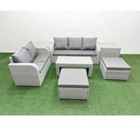 Fimous 7-Seater PE Rattan Wicker Garden Furniture Set - Dark Grey Mixed Patio Sofa with Oblong Coffee Table & 2 Big Footstools