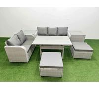 Fimous 7 Seater Rattan Conservatory Sofa Set - Rectangular Dining Table, 3-Seater Sofa, Loveseat & 2 Big Footstools