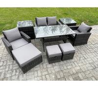 Fimous 7 Seater PE Wicker Outdoor Garden Furniture Set Patio Furniture Rattan Rectangular Dining Table Lounge Sofa with 3 Footstools 2 Side Tables