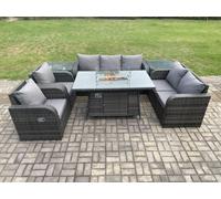 7 Seater PE Wicker Outdoor Rattan Garden Furniture Set Propane Gas Fire Pit Table and Sofa Chair set with 2 Side Tables Fimous Dark Grey One Size
