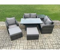 7 Seater Rattan Furniture Garden Dining Set Outdoor Height Adjustable Rising lifting Table Love Sofa Chair With Side Table Fimous Dark Grey One Size