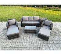 Fimous 7-Seater Rattan Garden Furniture Set - Dark Grey Mixed Patio Lounge Sofa with Rectangular Coffee Table & 2 Big Footstools