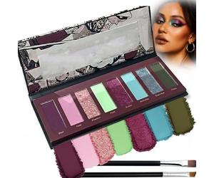 7-Shade Matte Shimmer Glitter Eyeshadow Palette with Mirror and Brushes - Deep Purple Pink Rose Mint Burgundy Turquoise Olive Green Shades for Creative Makeup Artistry and Bold Colour Pigmented Looks