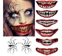 7 Sheets Halloween Spider Eye Temporary Tattoos For Women Men Adults, Large Realistic 3D Clown Scary Face Fake Blood Mouth Tattoo Stickers, Temp Zombie Vampire Tattoos Halloween Makeup Kit Set