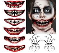 7 Sheets Halloween Spider Web Eye Temporary Tattoos For Women Men Adults, Realistic Zombie 3D Red Blood Mouth Joker Clown Temp Scary Face Fake Tattoo Stickers, Vampire Tattoos Halloween Makeup Kit