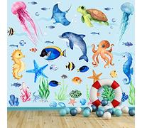 7 Sheets Ocean Fish Wall Stickers, Under The Sea Wall Sticker Removable Sea Life Marine Animal Stickers Watercolor Ocean Creatures Wall Decals for Kids Boys Nursery Bedroom Bathroom Decor