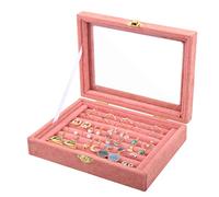 7 Slots Jewellery Box for Ring Earring, Velvet Jewelry Display Tray, Jewelry Storage Case Organiser with Clear Glass Lid for Women Girls Stud Earring Holder (15x20cm, Pink)