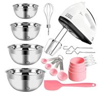 7-Speed Hand Mixer Set, 300W Handheld Electric Whisk, 5 Stainless Steel Attachments, 4 Mixing Bowls, Measuring Tools & Silicone Spatula, Multifunctional Kitchen Mixer for Baking Dough Cream Cooking