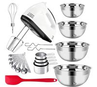 7-Speed Hand Mixer Set, Handheld Electric Whisk with 5Pcs Stainless Steel Attachments, 4 Mixing Bowls, Measuring Tools & Silicone Spatula, Multifunctional Kitchen Mixer for Baking Dough Cream Cooking