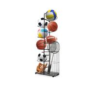7-Tier Ball Storage Rack with Side Bin and Bottom Shelf - Durable All-Metal, Rust-Resistant Sports Equipment Organizer