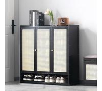 7 Tier Bamboo Shoe Cabinet with Doors Freestanding Rattan Storage Rack for Entryway Hallway Living Room & Closet Stylish Wooden for Shoes Black Finish
