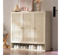 7 Tier Bamboo Shoe Rack 90cm Entryway Storage Cabinet with Adjustable Shelves 3 Door Wooden Footwear Rattan Storage Solution for Living Room & Hallway