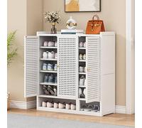 7 Tier Bamboo Shoe Rack 90cm Entryway Storage Cabinet with Adjustable Shelves 3 Door Wooden Rattan Footwear Cabinet for Living Room & Hallway